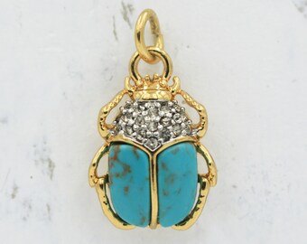 Scarab Charm / Pendant – Turquoise, Micro Pave & 14K Gold Plating