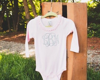 Long Sleeved Monogrammed Onesie | Girls Long Sleeved Monogrammed Shirt | Ruffle Onesie | Ruffle T-shirt | Gifts for Baby Girl