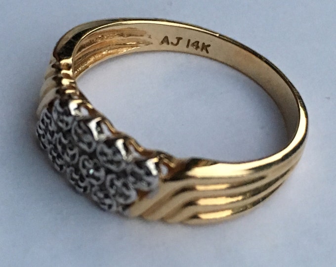 Storewide 25% Off SALE Vintage 14k Yellow Gold Pave Diamond Set Designer Ring Featuring Beautiful Mid Century Modern Design