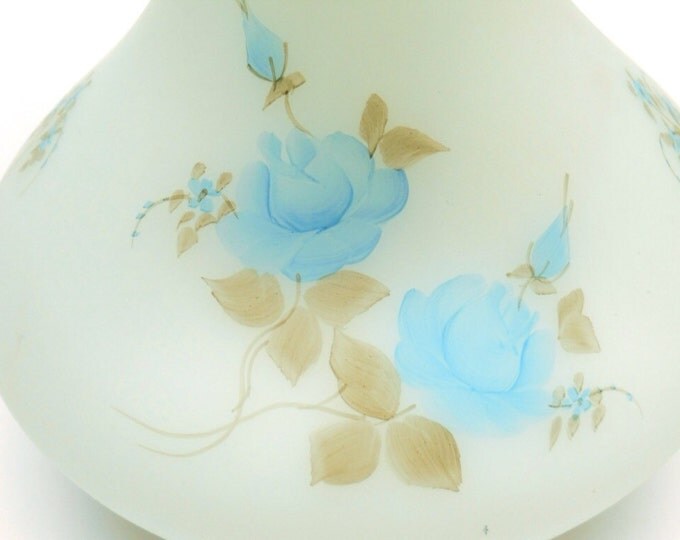 Storewide 25% Off SALE Vintage Hand Painted Pale Blue Rose Designed Satin Custard Floral Vase Featuring Elegant Ruffled Design Finish