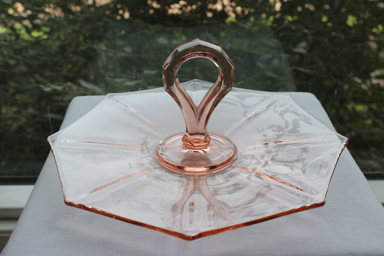 Pink Depression Glass Sandwich Dessert Plate with Handle