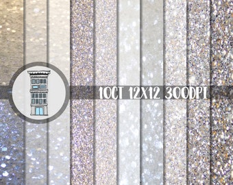 Glitter Digital Paper Pack Instant Download White Silver Sparkle Bling papers for digital scrapbooking planner printables photo backdrops