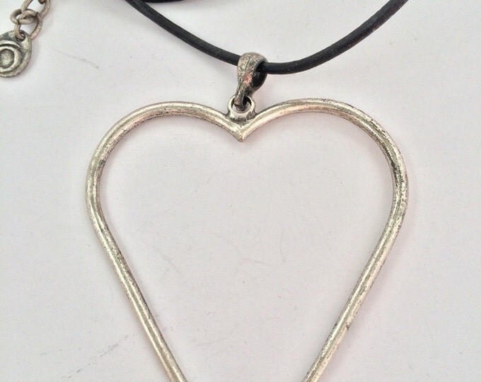 Heart Necklace Simple Minimalist Large Silver Heart Pendant Wire Heart Bib Necklace Black Leather Cord Love Necklet Silver Plated Valentine