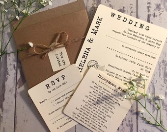 Vintage/Rustic Pocket 'Helena' pocket wedding invitation with RSVP, honeymoon wish card, twine and tag