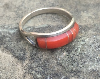 Vintage Sterling Silver and Coral Inlay Ring