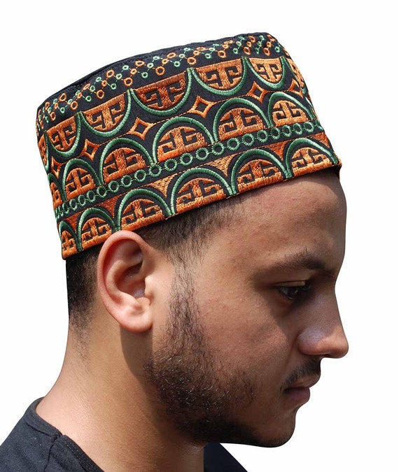 Tall Omani Arab Style African Kufi Hat Embroidered Black Base