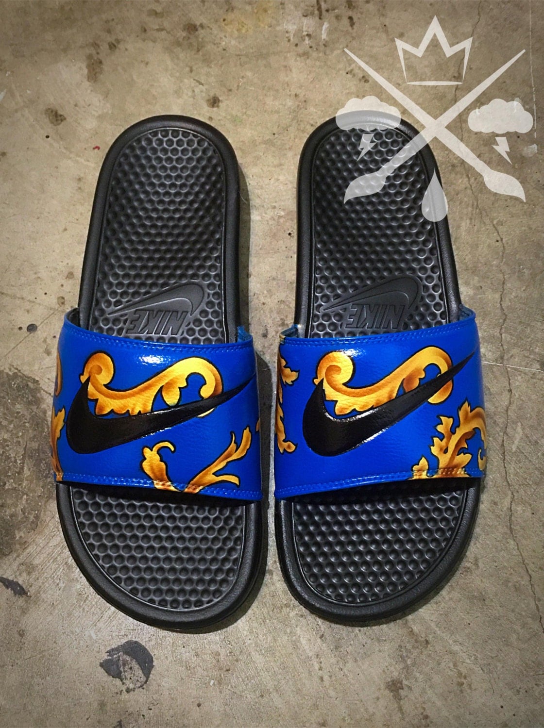 blue gold nike slides