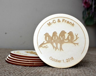 Personalised Coasters, Wedding Favours, Rustic Wedding, Valentines Day Gift, Round Wood Coasters, Laser Engraved Coasters, Wedding Coasters