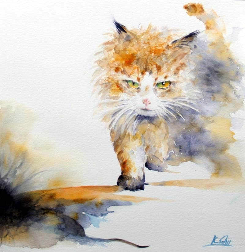 Original Watercolor Cat Painting Abstract Art Wet Watercolor