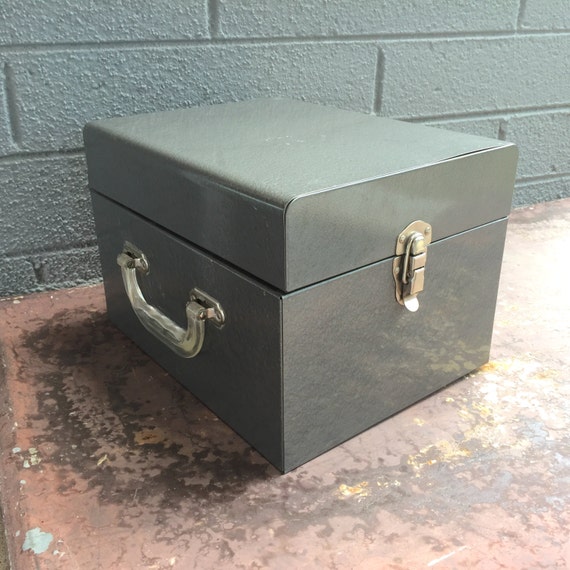 Vintage Industrial Metal Storage Box with Handle Mottled Gray