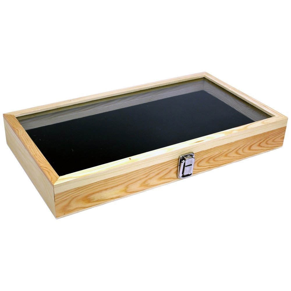 Natural Wood Glass Top Lid Black Pad Display Box Case