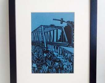 Bridge Crossing handmade linocut print 5x7", unframed (lake blue) - home decor, wall art, made in Michigan, birthday gift, printmaking