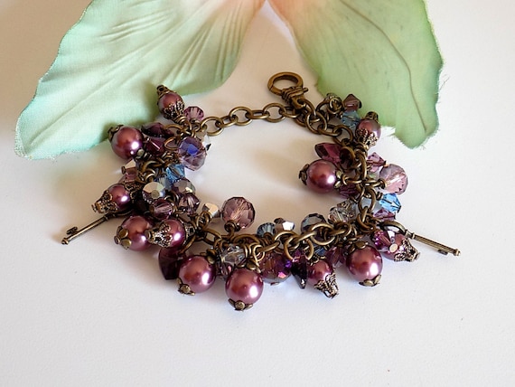 Purple Beaded Bracelet Marsala Charm Bracelet Swarovski Crystal Bracelet Victorian Jewelry Edwardian Jewelry Downton Abbey