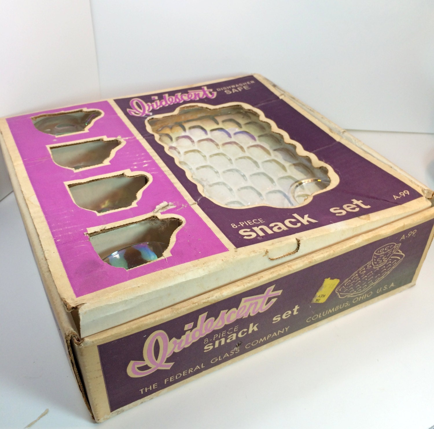 Vintage Federal Glass Iridescent Snack Set with Original Box, 8 Piece