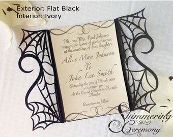 gothic spider web halloween wedding invitation laser cut gatefold spooky love heart party