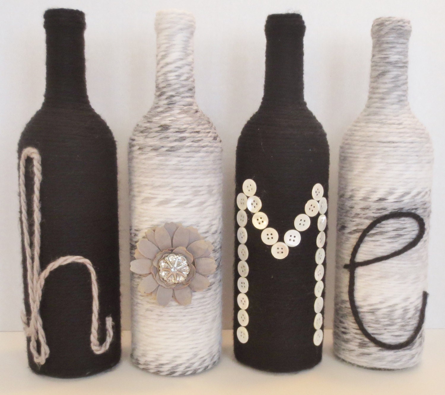 Home Decor Yarn Wrapped Bottles Modern Decor Black and Grey