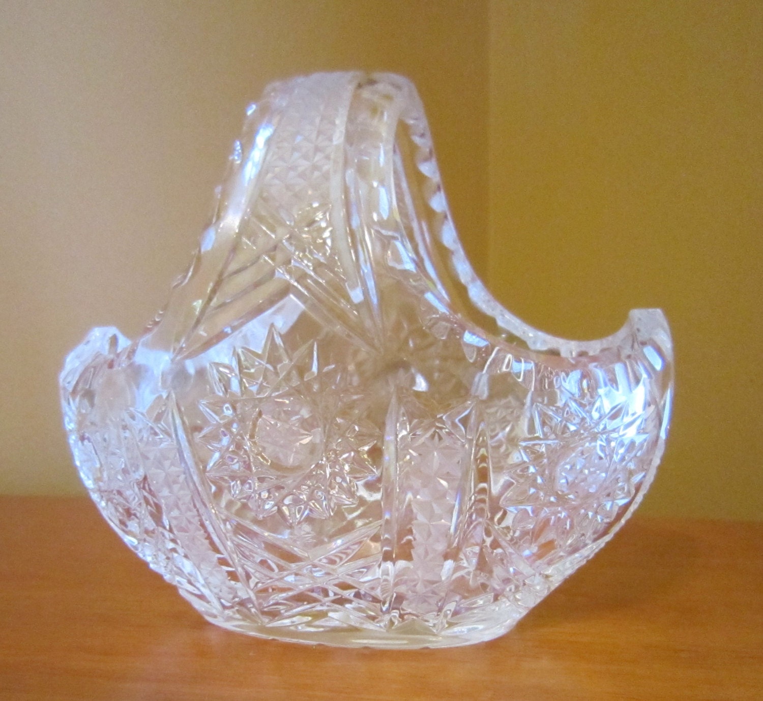 Vintage Crystal Glass Flower Basket Heavy Clear Fruit Basket