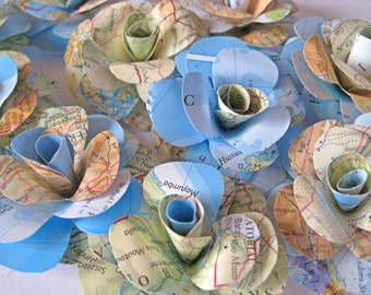 Set of 10 Travel Paper Roses, Map Paper Flowers, Stem Roses, Map Paper Wedding Decor, Eco Wedding, Craft Project, Vintage Paper Flower