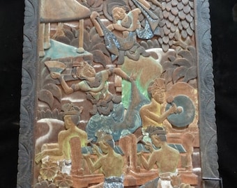 Rare Vintage Balinese Wood Art Board Traditional Gamelan and Dance Bali Vacation