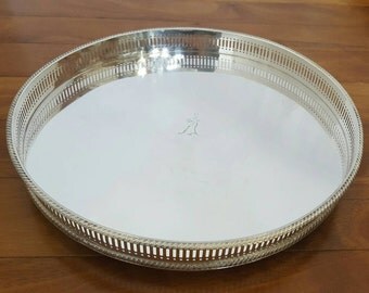 Vintage Silver Plate Footed Round Reticulated Gallery Serving Tray, England