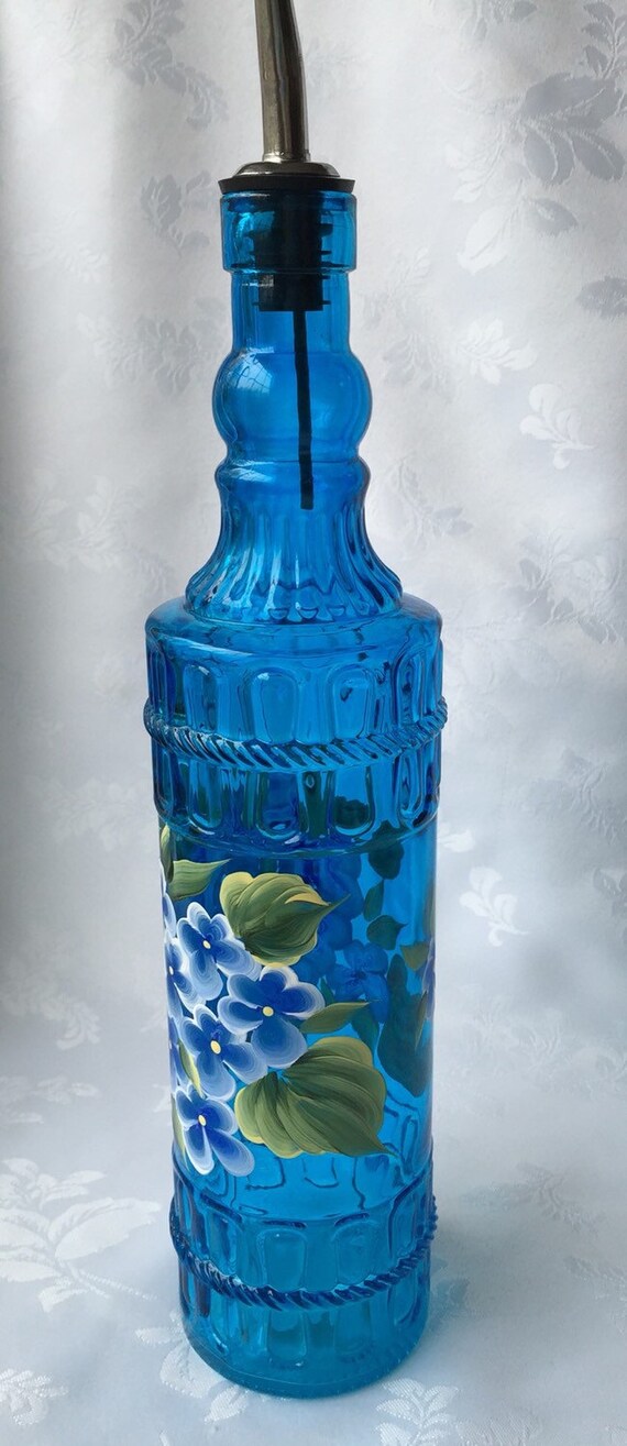Blue Olive oil bottle 12 1/2 tall hand painted with