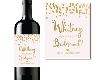 Will You Be My Bridesmaid? Wine Label Proposal Pink & Gold Confetti - PRINTABLE