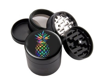 Rainbow Pineapple Herb Grinder Black Aluminum Premium Quality Grinders 2.25" (56mm) 4 Part Aerospace Metal with Image Express Spice Grind