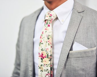 Cream White Floral Tie, Floral Tie, Ivory Floral Tie, Vintage Floral Tie, Vanilla Floral Tie, Wedding