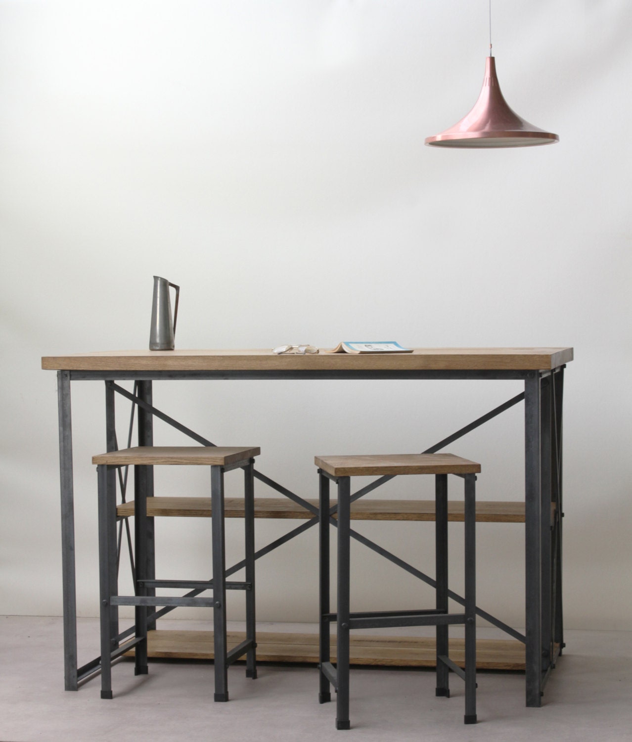 Oak/Steel INDUSTRIAL Breakfast Bar with Shelves rustic