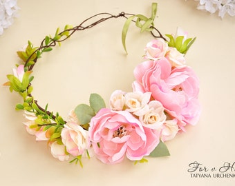 Floral crown Pink flower crown pink wedding peony Bridal flower crown pink peony crown Hair Garland Wedding crown flower hair wreath girl