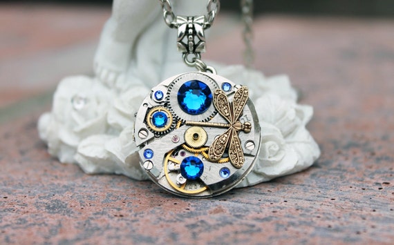 Steampunk necklace, steampunk dragonfly, blue necklace, dragonfly necklace, steampunk jewelry by DreamCloudJewelry steampunk buy now online