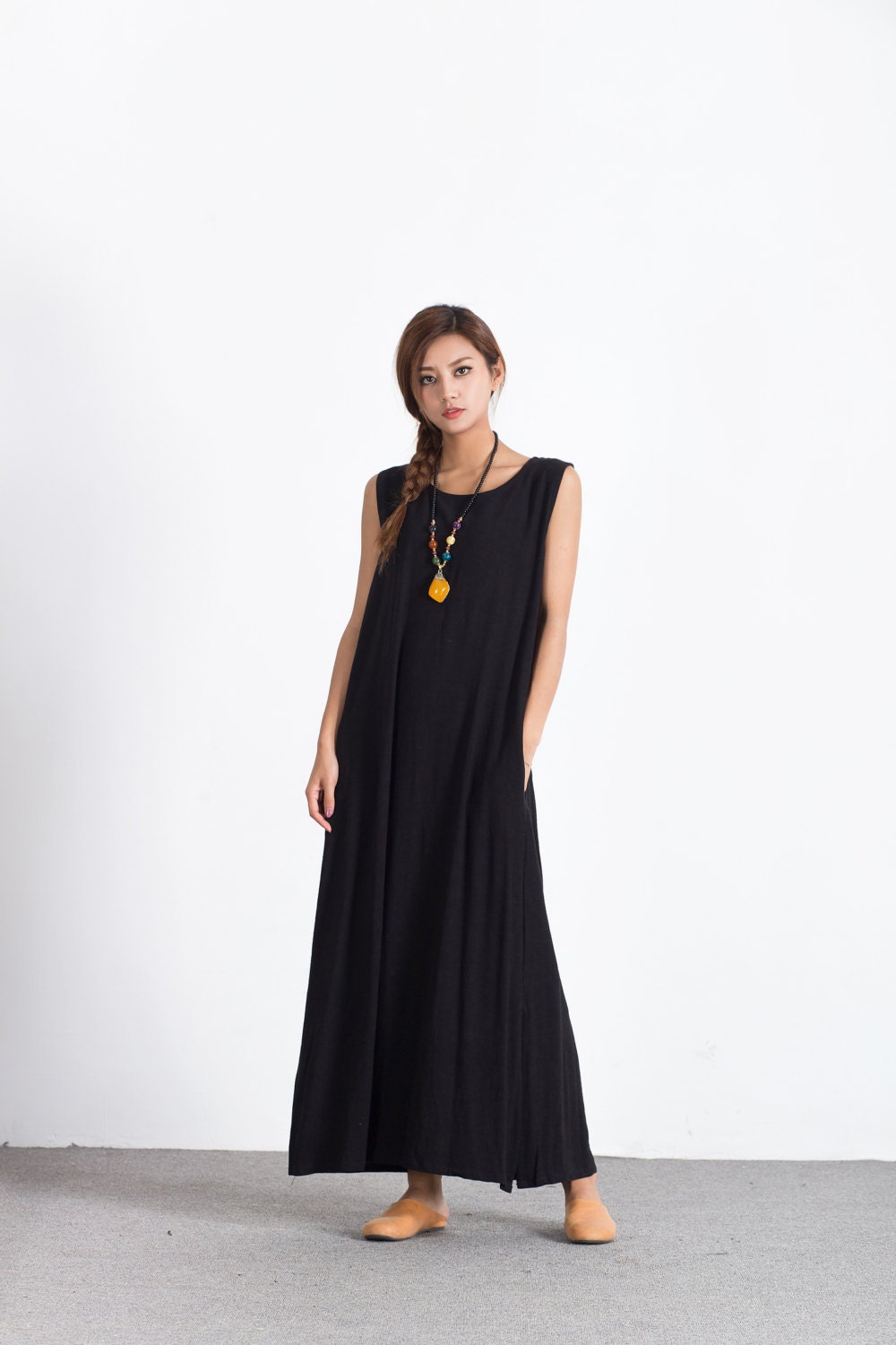 Women's Linen cotton fitting maxi dress Oversize long