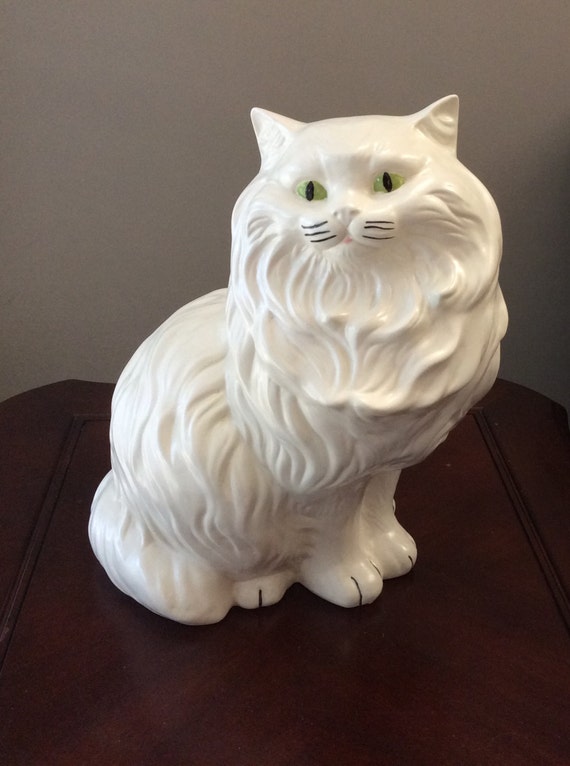 Large Vintage  Ceramic  Porcelain  White Cat  Green Eyes