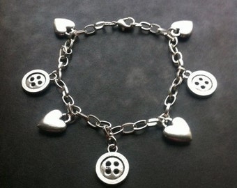 Silver Plated Charm Bracelet, Button Charms and Heart Charms