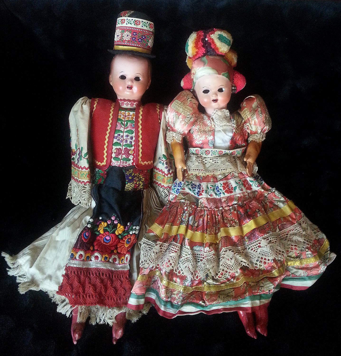 Rare Antique Pair of Composition & Cloth Hungarian Dolls From