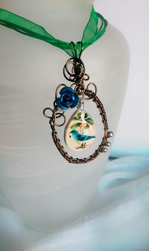 Blue Bird Necklace Bird Pendant Vintage Bronze Wire Woven