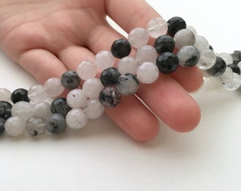 Tourmaline Quartz, Faceted Beads, Black Tourmaline, 8mm Beads, Black Tourmaline Beads, Tourmalated Quartz, Tourmaline, Black and White Beads