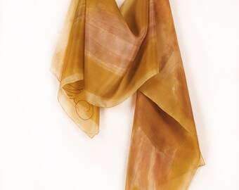 Mustard silk scarf. Hand painted silk scarf. Floral silk scarf. Autumn colored scarf. Painting on silk by Dimo