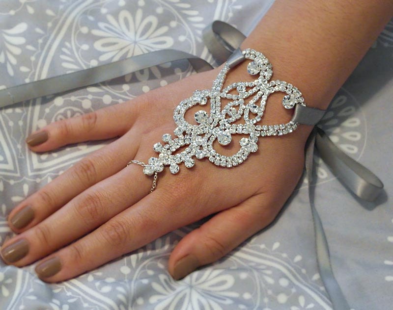 Wedding Glove Rhinestone Silver Lace Fingerless Gloves Bridal