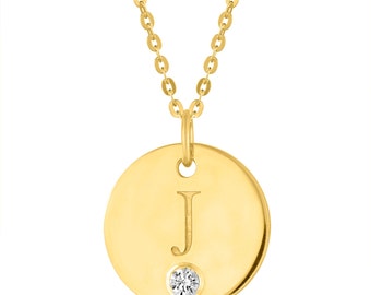 Letter J Necklace, Gold Initial Charm Necklace, Birthstone Letter J Pendant, Gold Plated Initial J Disc Pendant With Personalized Birthstone
