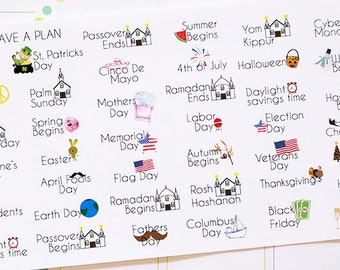 Planner Stickers Yearly Holiday Calendar for Erin Condren, Happy Planner, Filofax, Scrapbooking