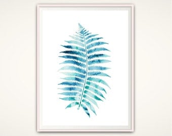 Nature Print, Leaf Print, Tropical Leaf Print, Blue, Print, Watercolor Leaves, Fern Print, Leaf Art, Nature, Fern, Home Decor