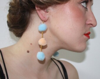 Pom pom earrings - fluffy earrings - blue nude pastel - gold plated earrings - dangly earrings - handmade earrings