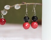 20% OFF Set Jewelry Faceted pressed Coral dangle red black balls Earrings and Necklace pendant handmade art in Lithuania Europe Exclusive