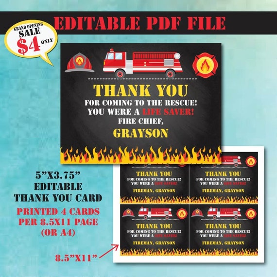 Fireman Birthday Thank You Card-Firetruck Birthday Thank You