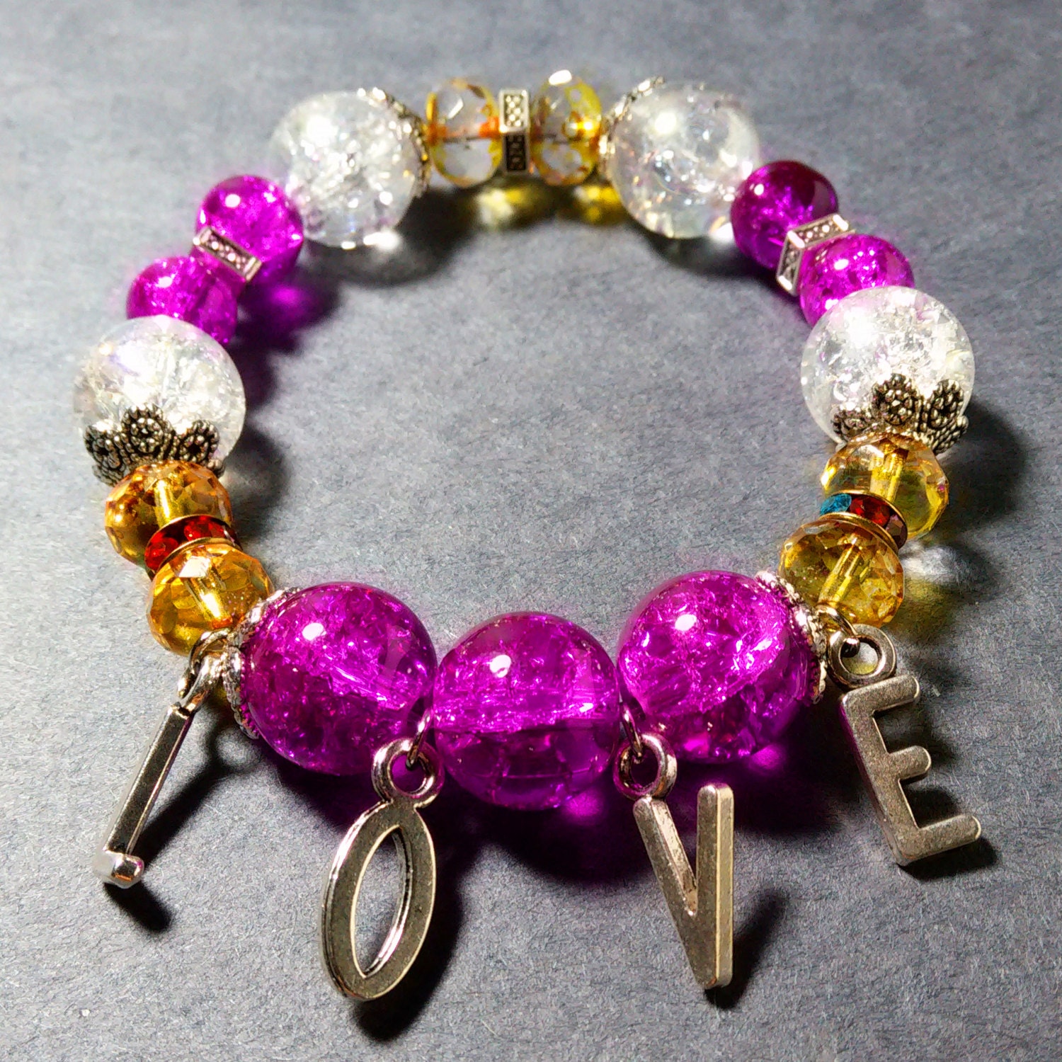 Handmade Beaded Stretch Bracelet LOVE 12mm Crackle Glass