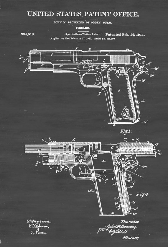 Colt 1911 Firearm Patent Patent Print Wall Decor Gun Art