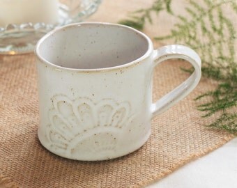 Handmade ceramic mug, pottery mug, vintage lace print and white glaze, coffee or tea mug, handmade gift, housewarming gift, kitchen, dining