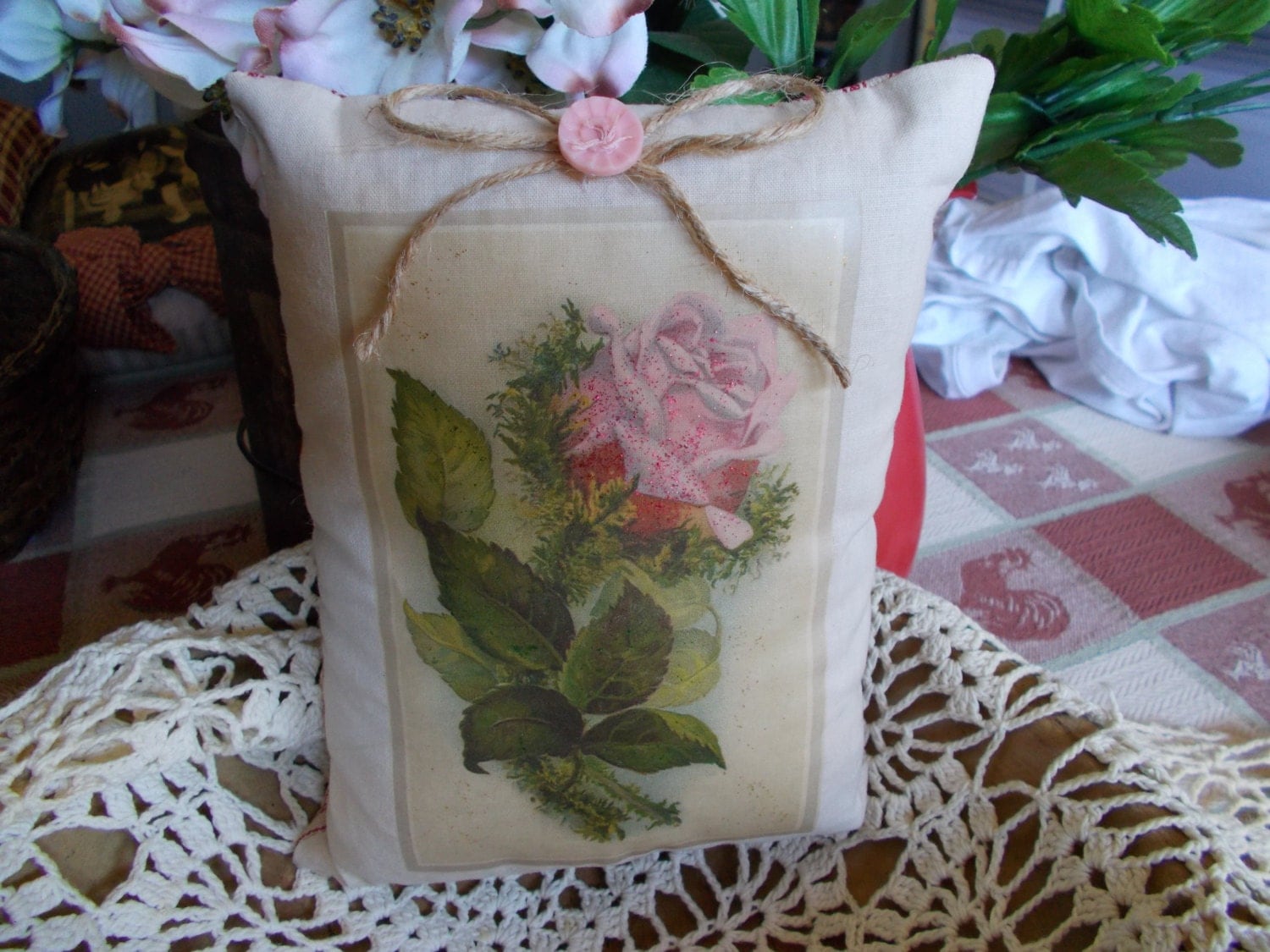 pink rose pillow tuck decorative pillow by ThePrimitiveRose