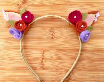 Woodland princess fawn ears headband, deer girls hairband, floral boho crown, woodland photo prop